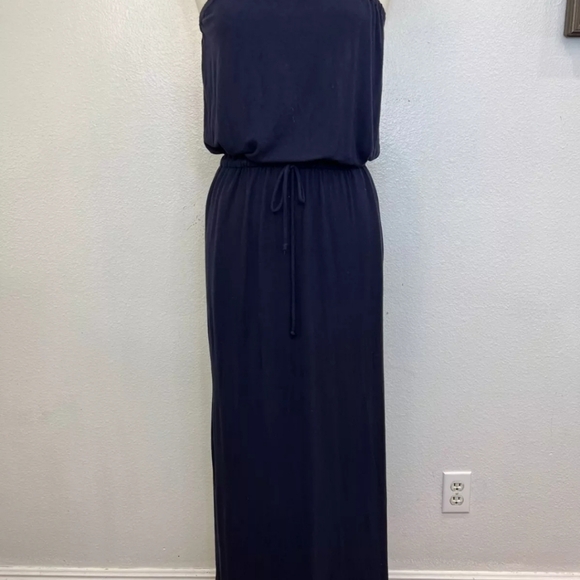 JCrew Women's Strapless Bouncy Flowy Drawstring Waist Pocket Maxi Dress NavyBlue - Picture 4 of 10